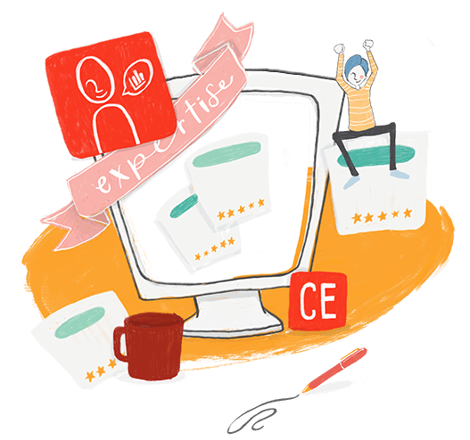 Illustration of a computer monitor overflowing with positive reviews for Continued as a result of our company's industry-leading expertise in online continuing education.
