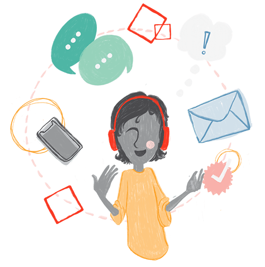 Illustration of a Continued customer experience team member expertly juggling multiple support tasks at once.