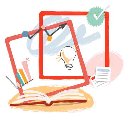 Abstract Illustration of screens and various forms of data, such as books and charts, representing the intersection of online and traditional learning.